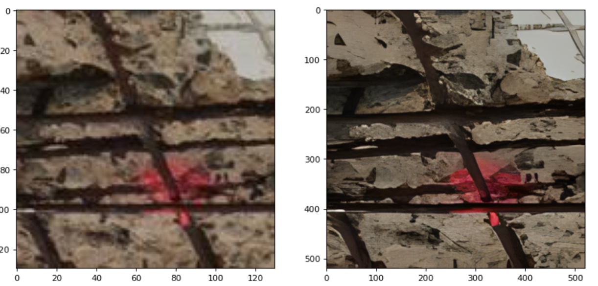 REAL-ESRGAN Super-resolution on corroded concrete image (Left: Pixelated image, Right: Super resolution image)